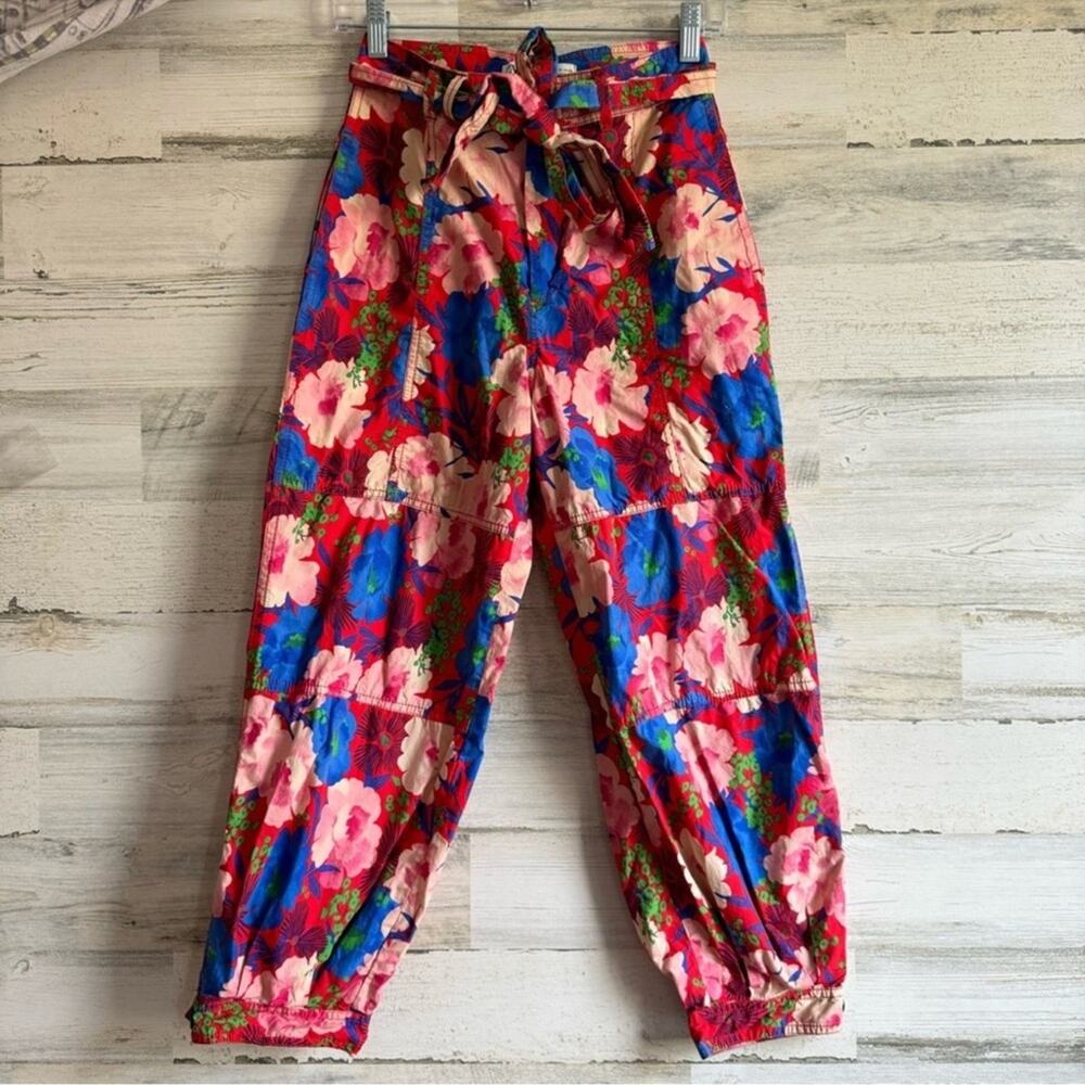 Zara Boho Floral Jogger Style Cotton Lightweight TrouserPants Cropped Red Belt‎